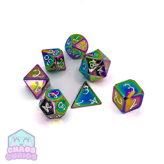 Elven Style Rainbow Electroplated 7-piece Metal Dice Set