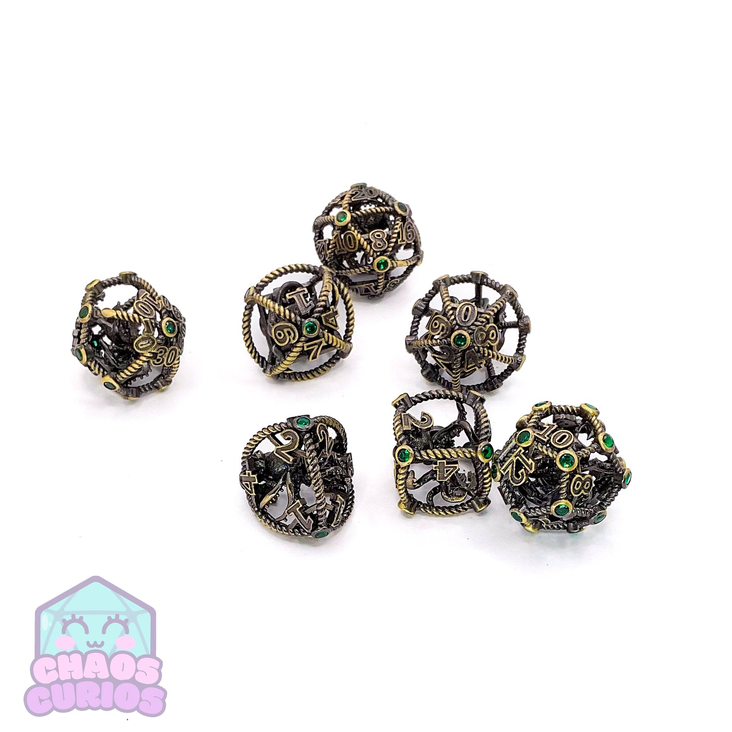 Hollow Caged Octopus Green Gem 7-piece Metal Dice Set