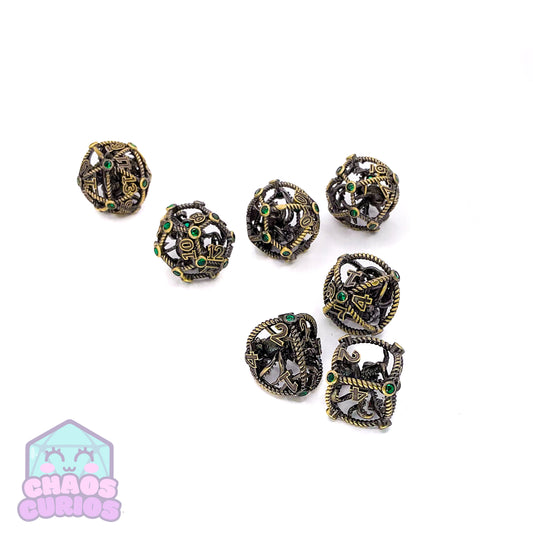 Hollow Caged Octopus Green Gem 7-piece Metal Dice Set