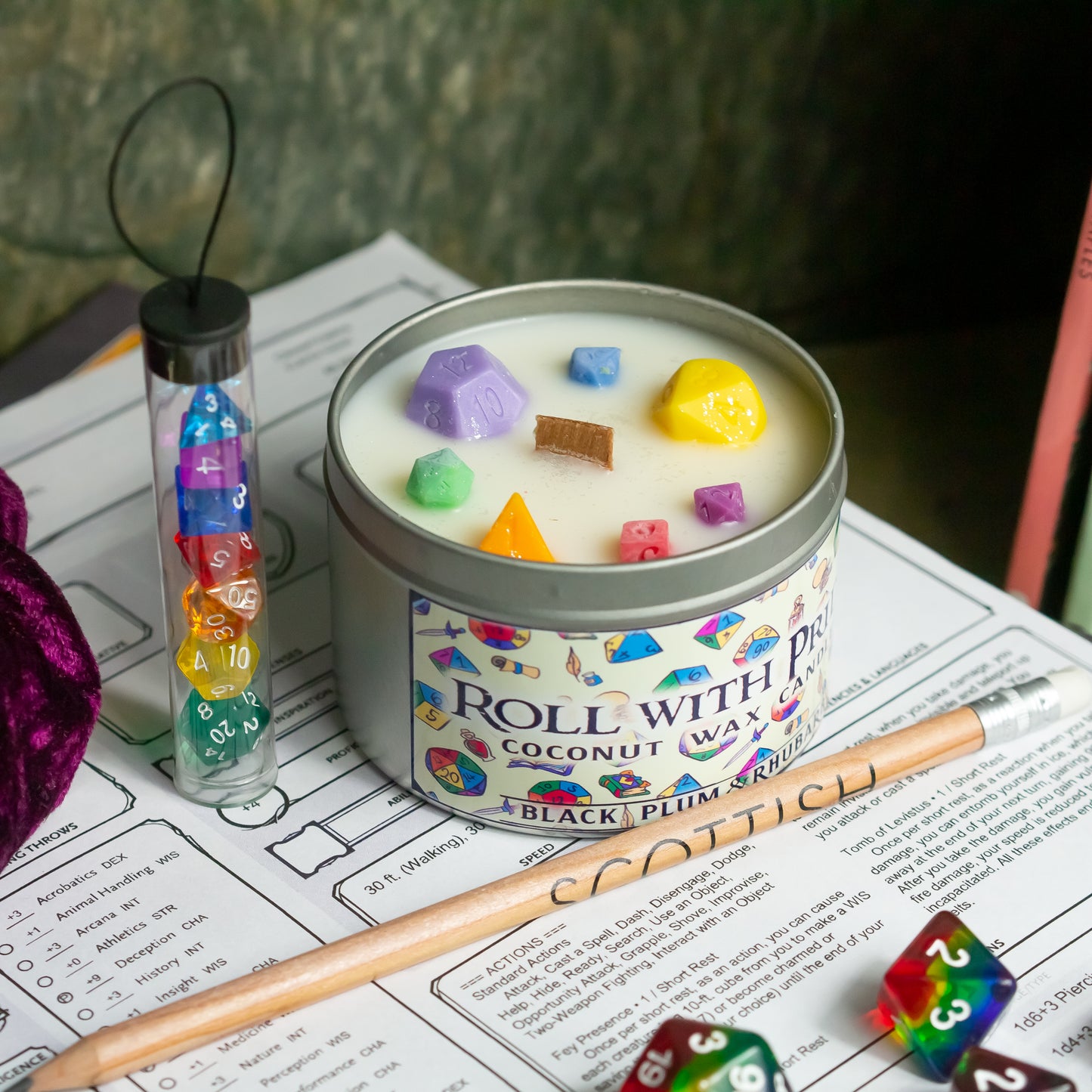 Roll with Pride, DnD Dice Candle, Wood Wick Candle, Rhubarb and Black Plum, Coconut Wax, Roleplay Candle, with Dice Wax Melts, 35+ Hours