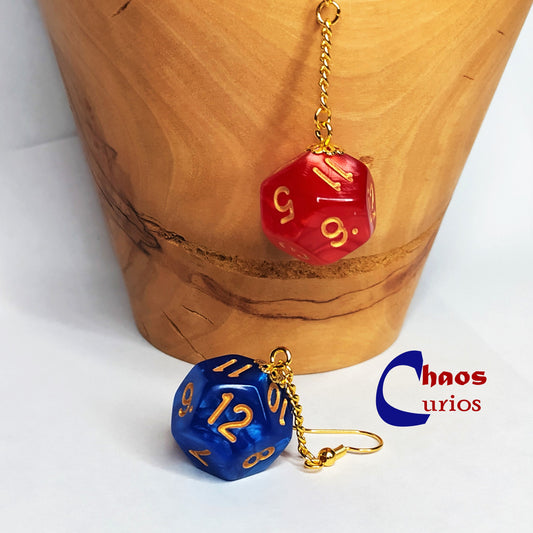 D12 Earrings, Gold Finishing, Dice Art, Health/Mana, Poison Spray, Barbarian Hit Die, Pole Arms