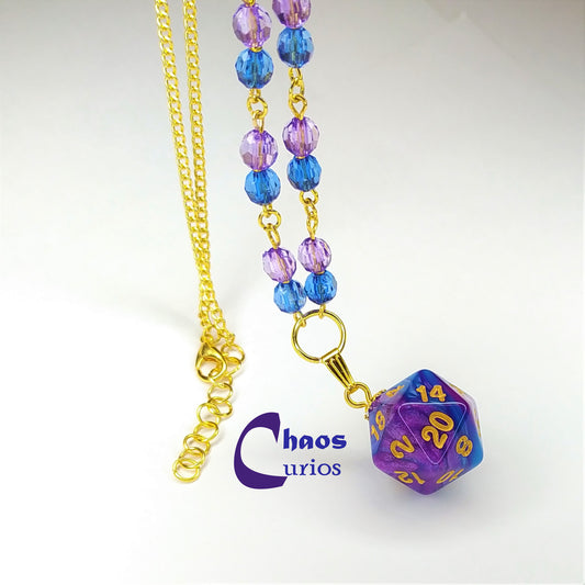 D20 Dice Necklace Beaded, Gold Finishing