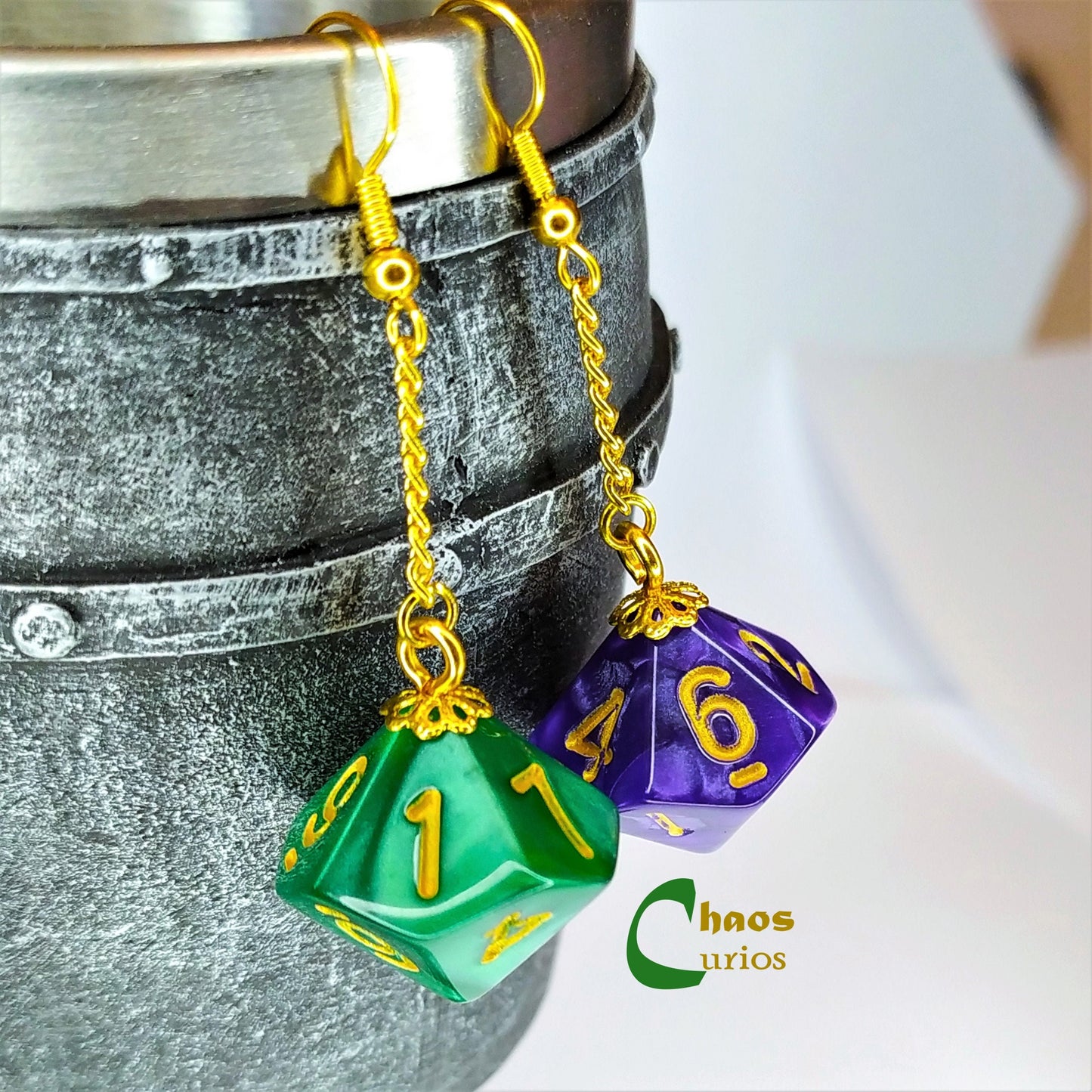 D10/% Dice Earrings, Gold Finishing, Dnd Swag