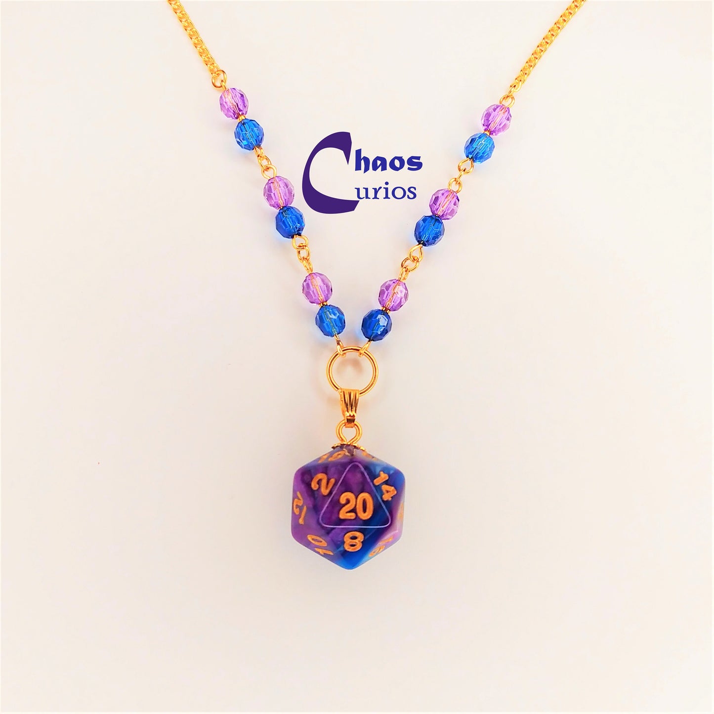 D20 Dice Necklace Beaded, Gold Finishing