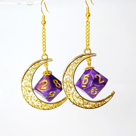 D10/% Moon Dice Earrings, Gold Finishing, Dnd Swag