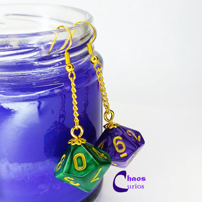 D10/% Dice Earrings, Gold Finishing, Dnd Swag