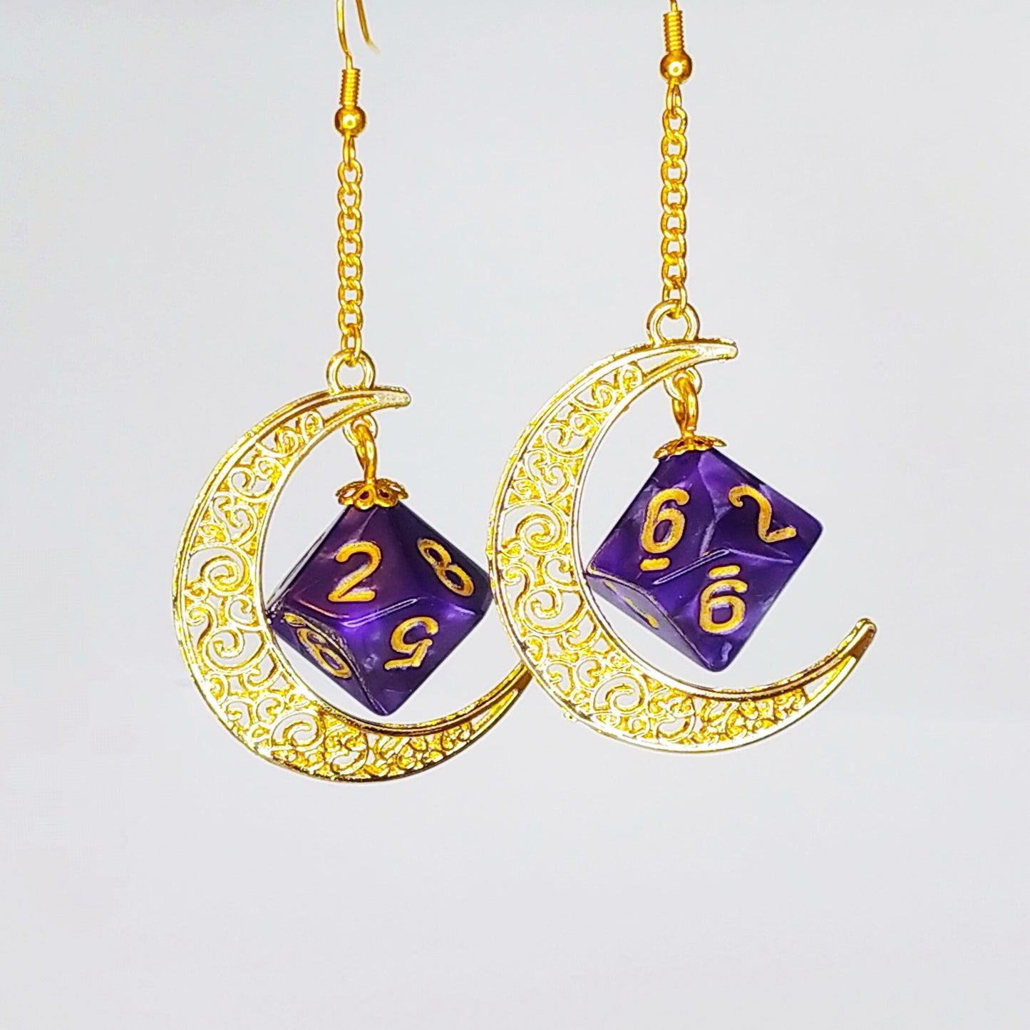 D10/% Moon Dice Earrings, Gold Finishing, Dnd Swag