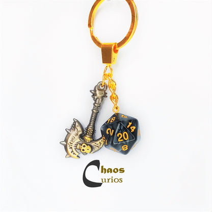 D20 DnD Dice & Axe Keychain, Dice Bag Charm, Dice Keyring, Dnd Keychain, D20 keychain, D20 Bag Charm, Gold Finishing