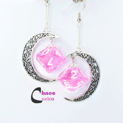 D10/% Moon Dice Earrings, Silver Finishing, Dnd Swag