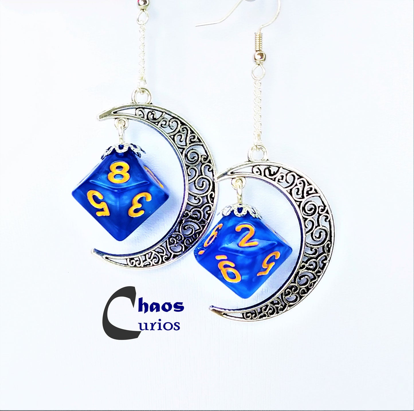 D10/% Moon Dice Earrings, Silver Finishing, Dnd Swag