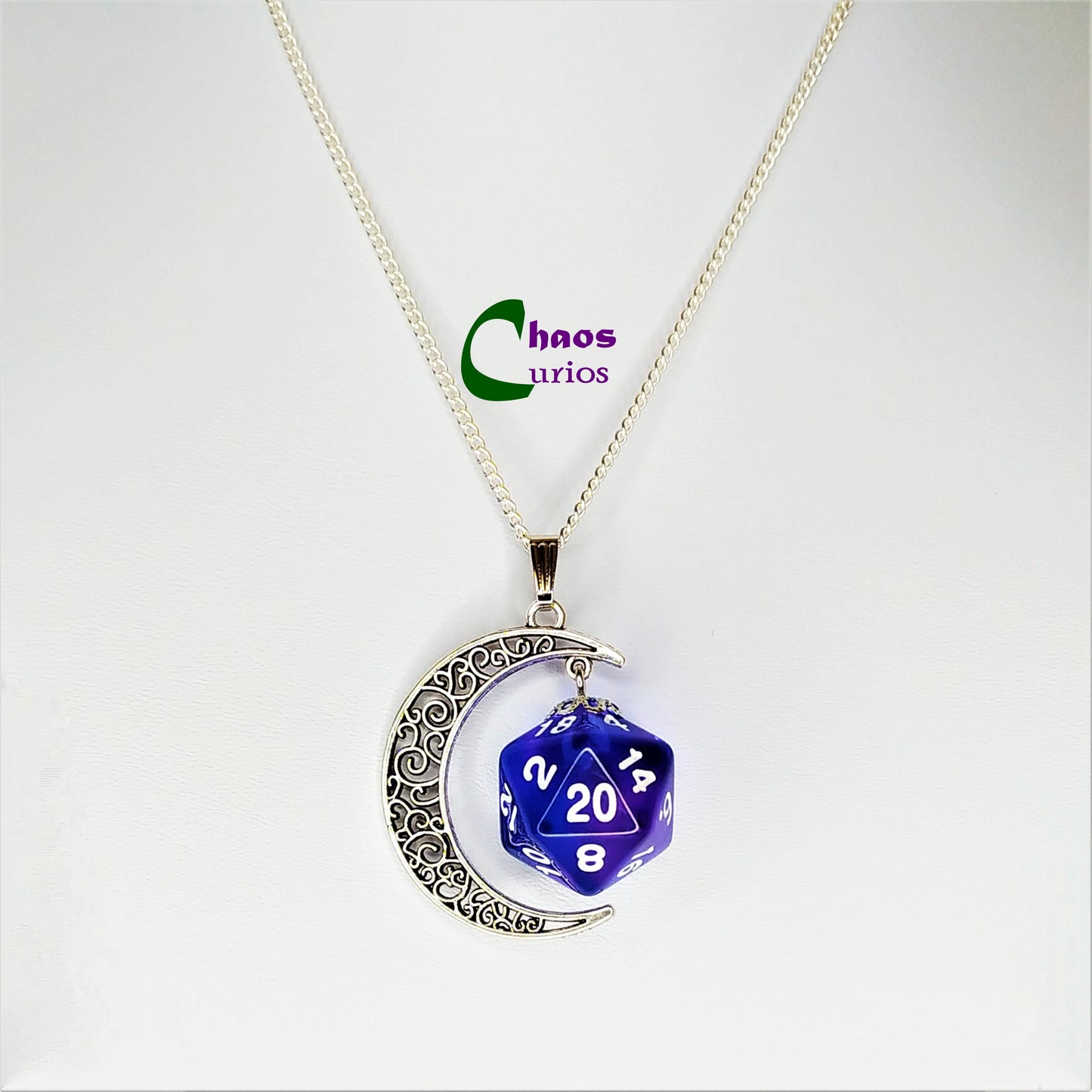 D20 Crescent Moon Necklace, Silver Finishing