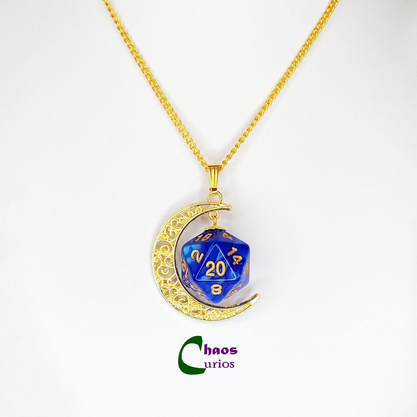 D20 Crescent Moon Necklace, Gold Finishing