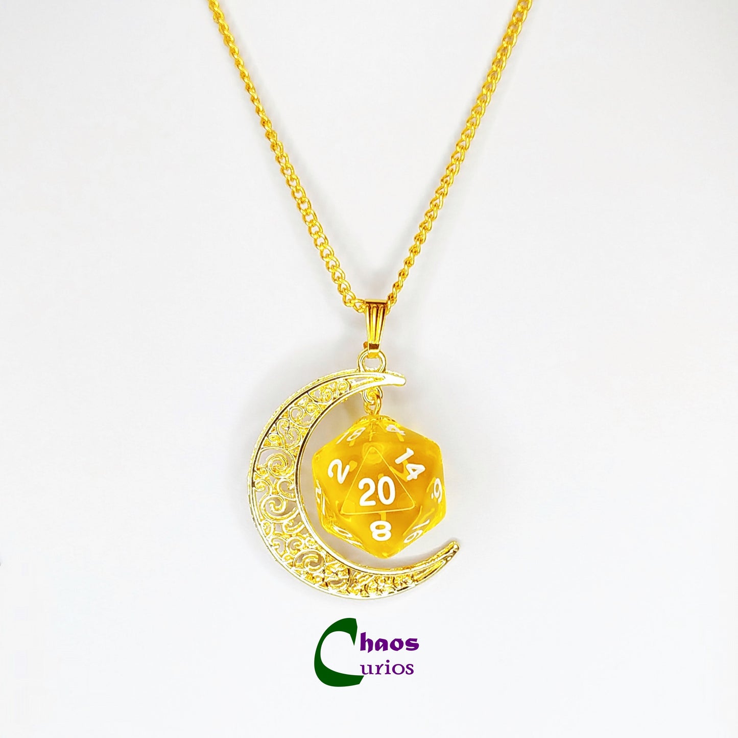 D20 Crescent Moon Necklace, Gold Finishing