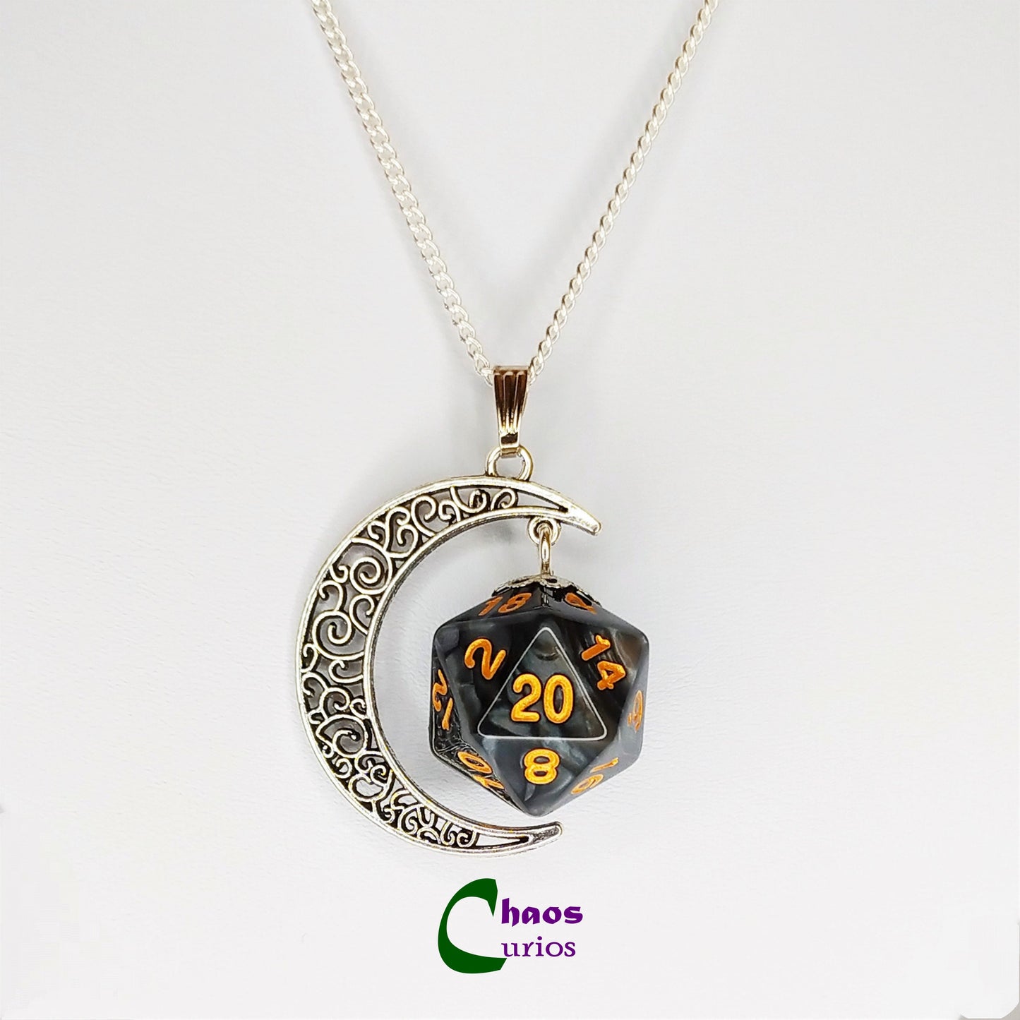 D20 Crescent Moon Necklace, Silver Finishing