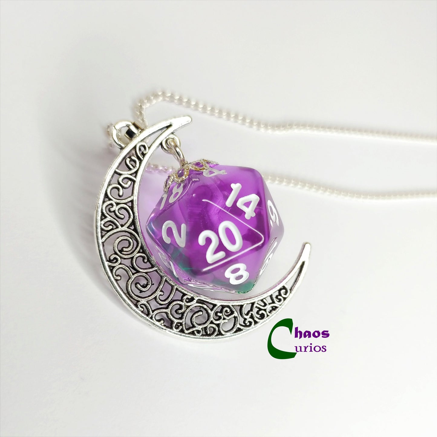 D20 Crescent Moon Necklace, Silver Finishing