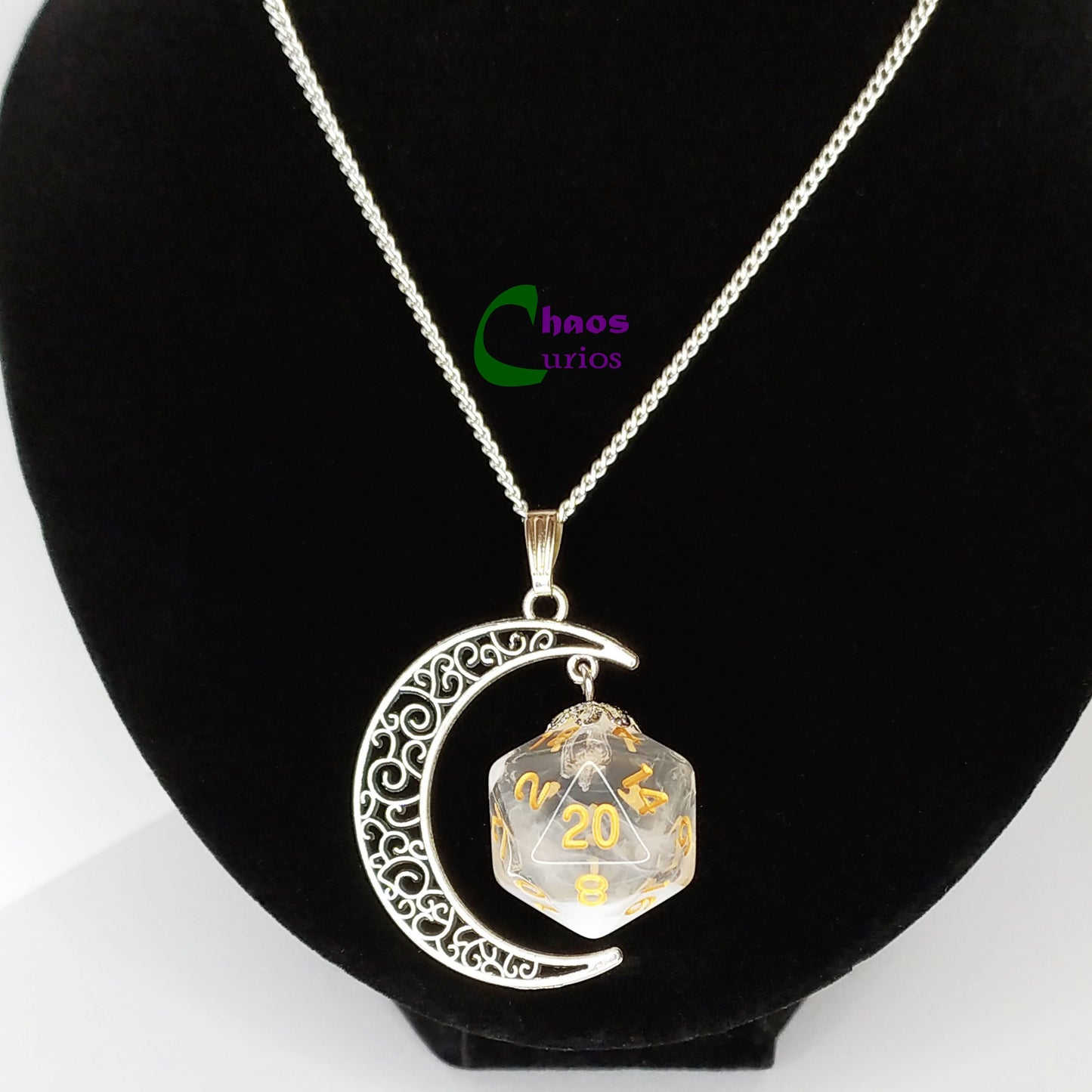 D20 Crescent Moon Necklace, Silver Finishing