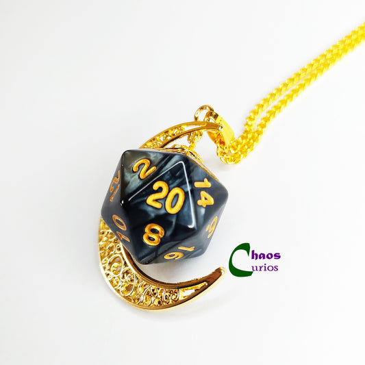 D20 Crescent Moon Necklace, Gold Finishing
