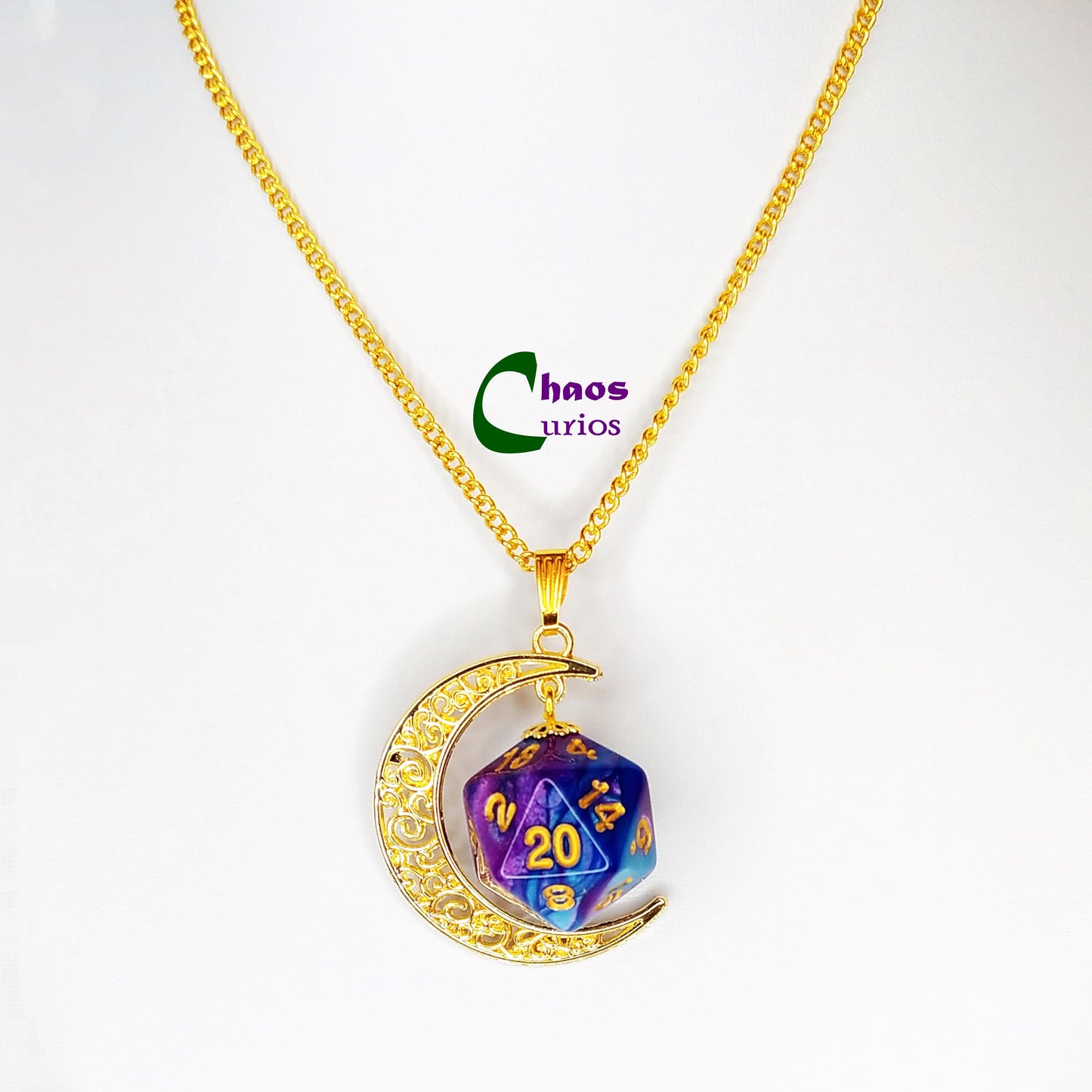 D20 Crescent Moon Necklace, Gold Finishing