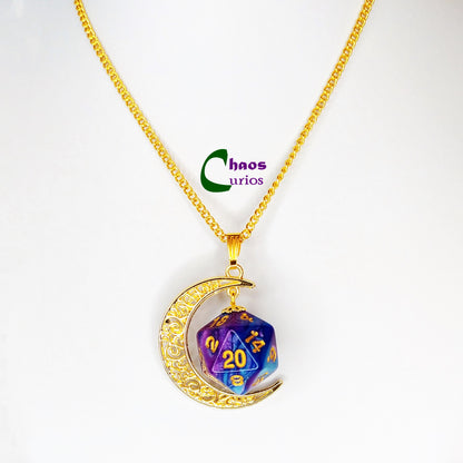 D20 Crescent Moon Necklace, Gold Finishing