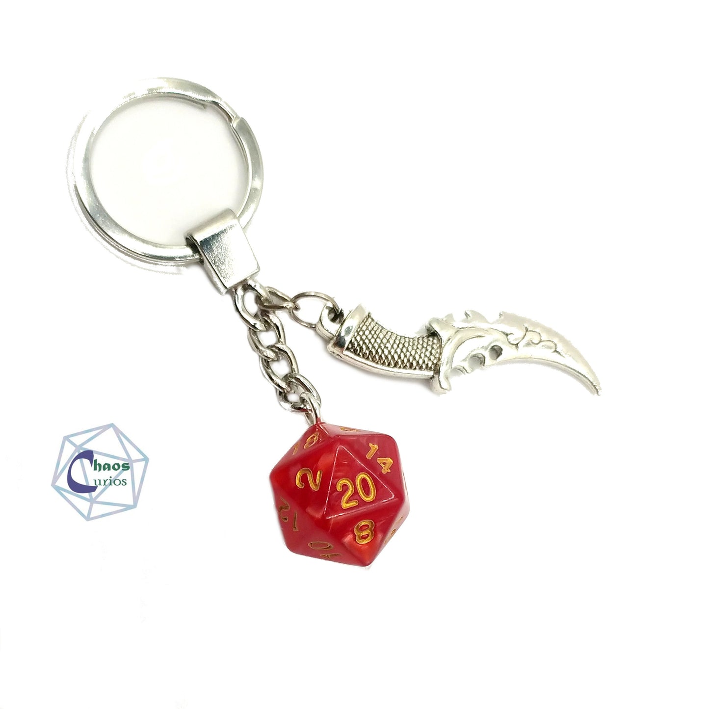 D20 Dice & Dagger Keychain, Bag Charm, Silver Finishing,