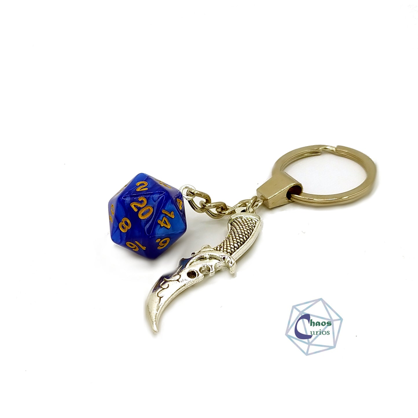 D20 Dice & Dagger Keychain, Bag Charm, Silver Finishing,