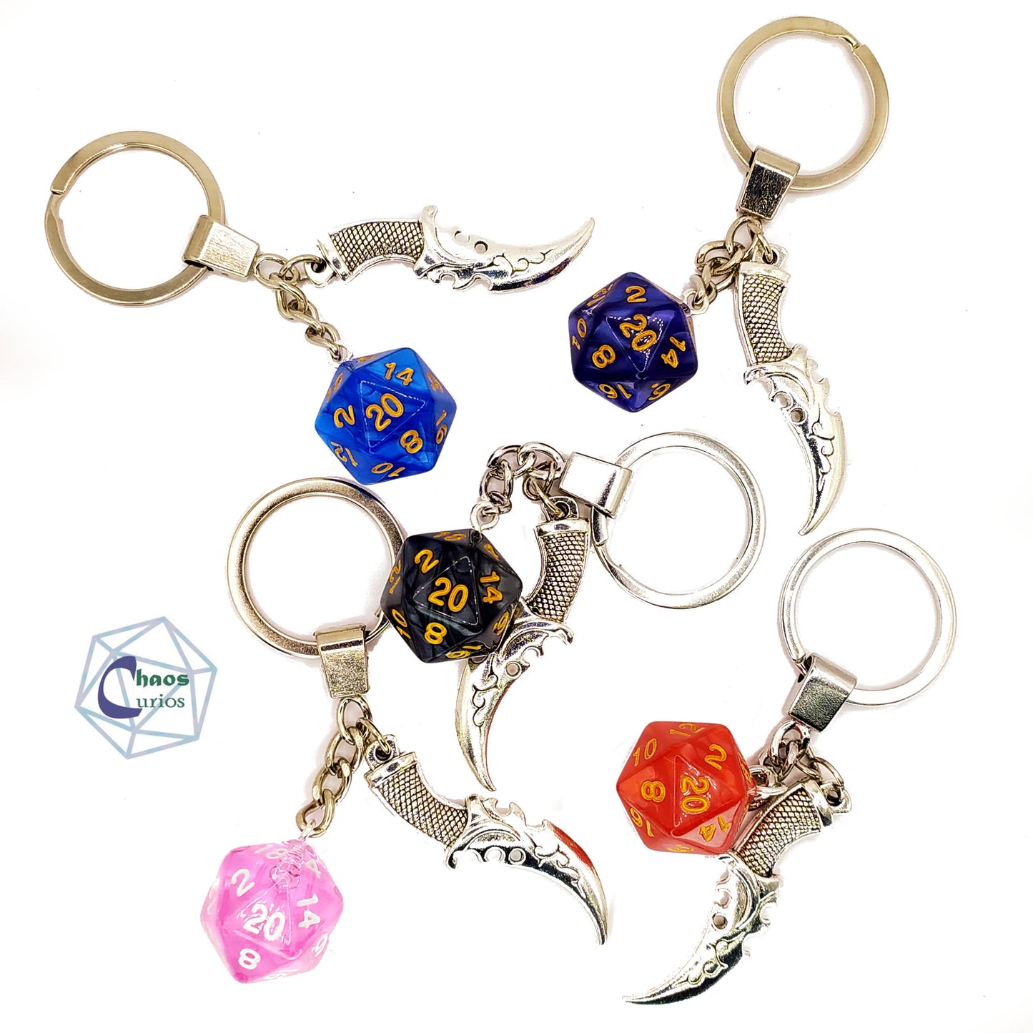 D20 Dice & Dagger Keychain, Bag Charm, Silver Finishing,