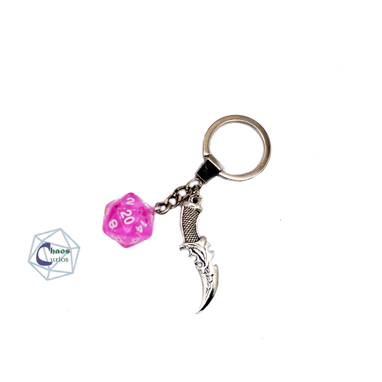 D20 Dice & Dagger Keychain, Bag Charm, Silver Finishing,