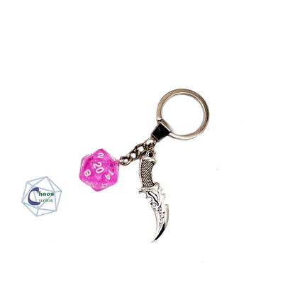 D20 Dice & Dagger Keychain, Bag Charm, Silver Finishing,