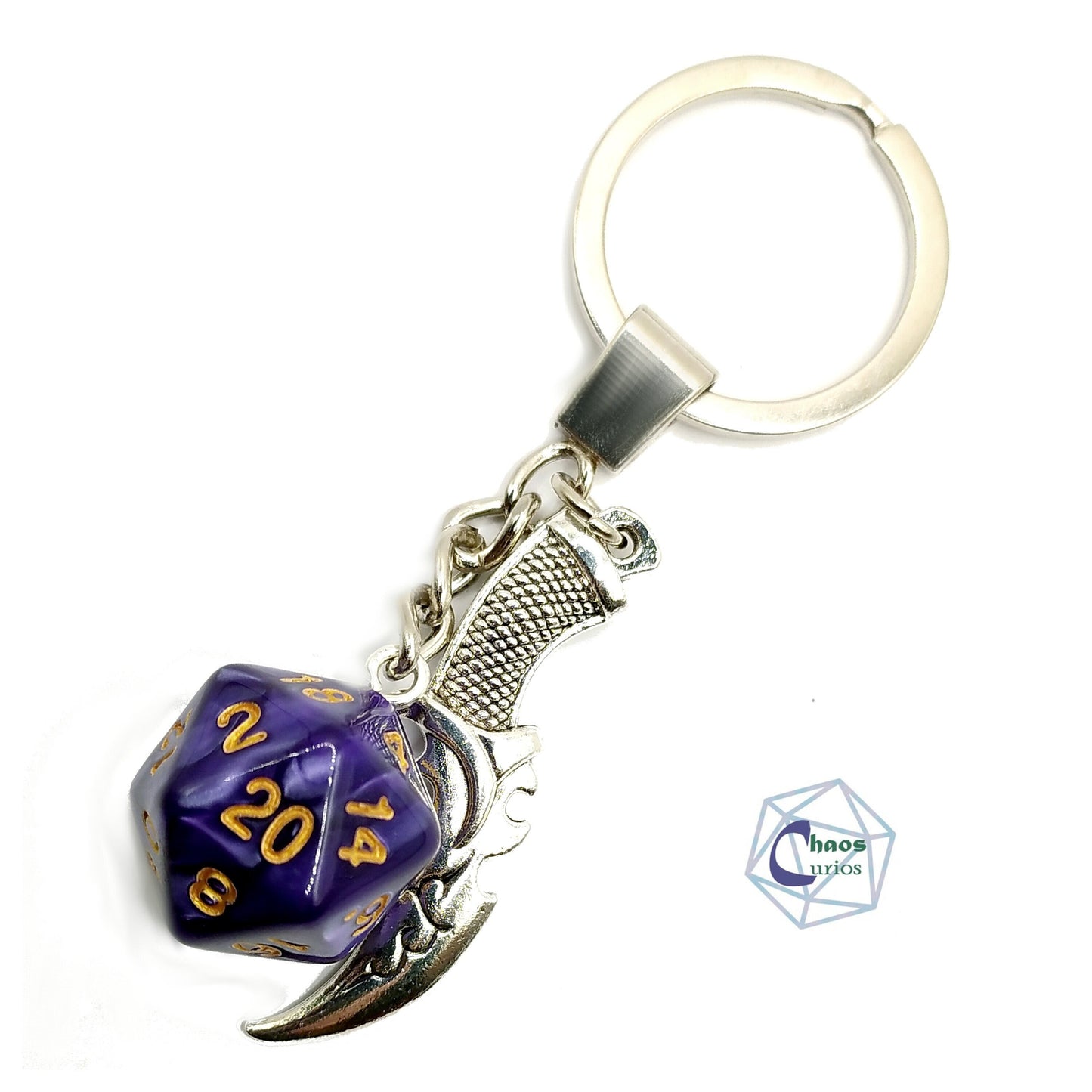 D20 Dice & Dagger Keychain, Bag Charm, Silver Finishing,