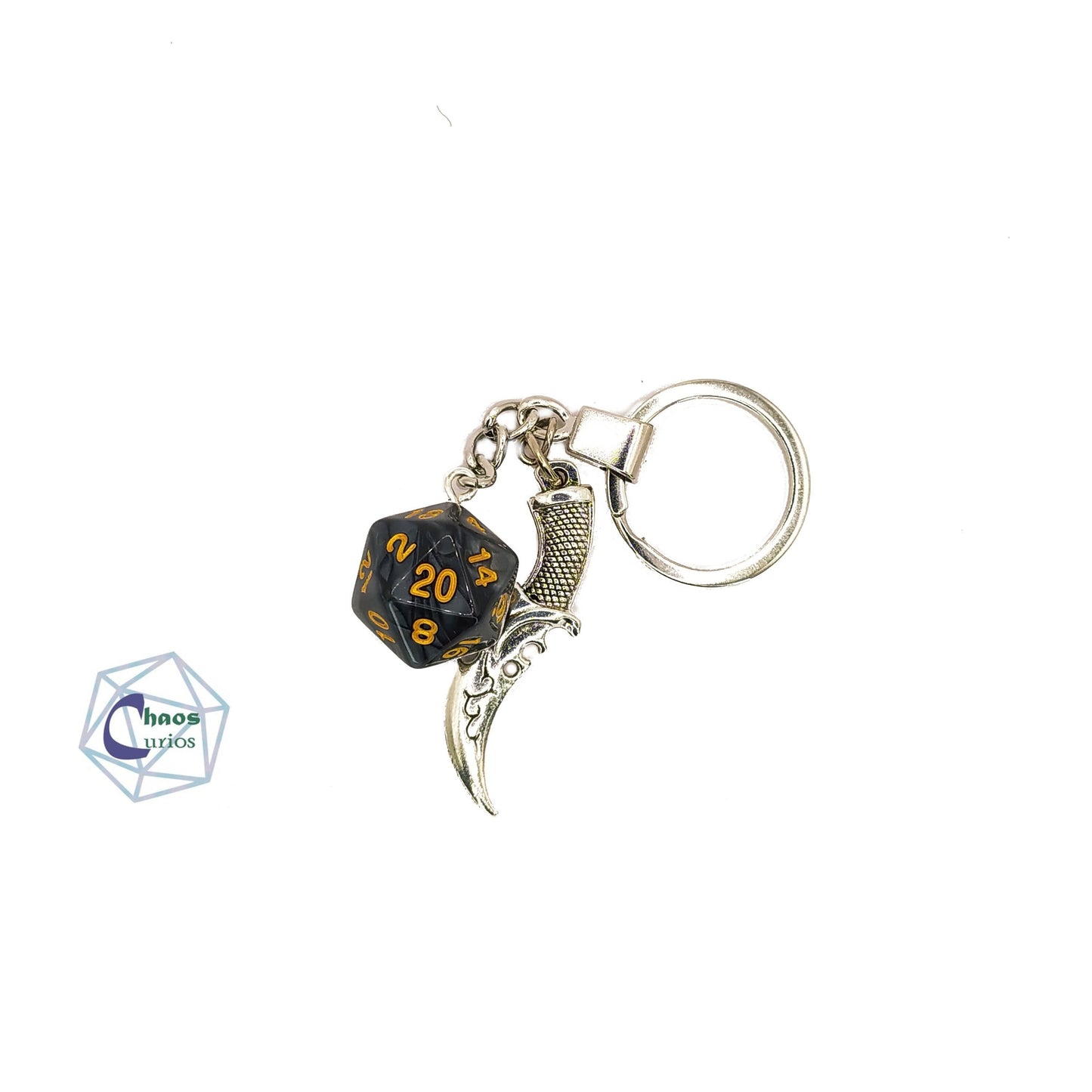 D20 Dice & Dagger Keychain, Bag Charm, Silver Finishing,