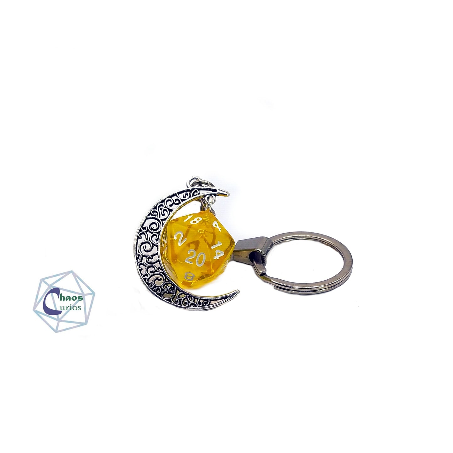 D20 Dice & Moon Keychain, Bag Charm, Silver Finishing, Druid, Celestial, Dnd, Circle of the Moon, Moonbeam