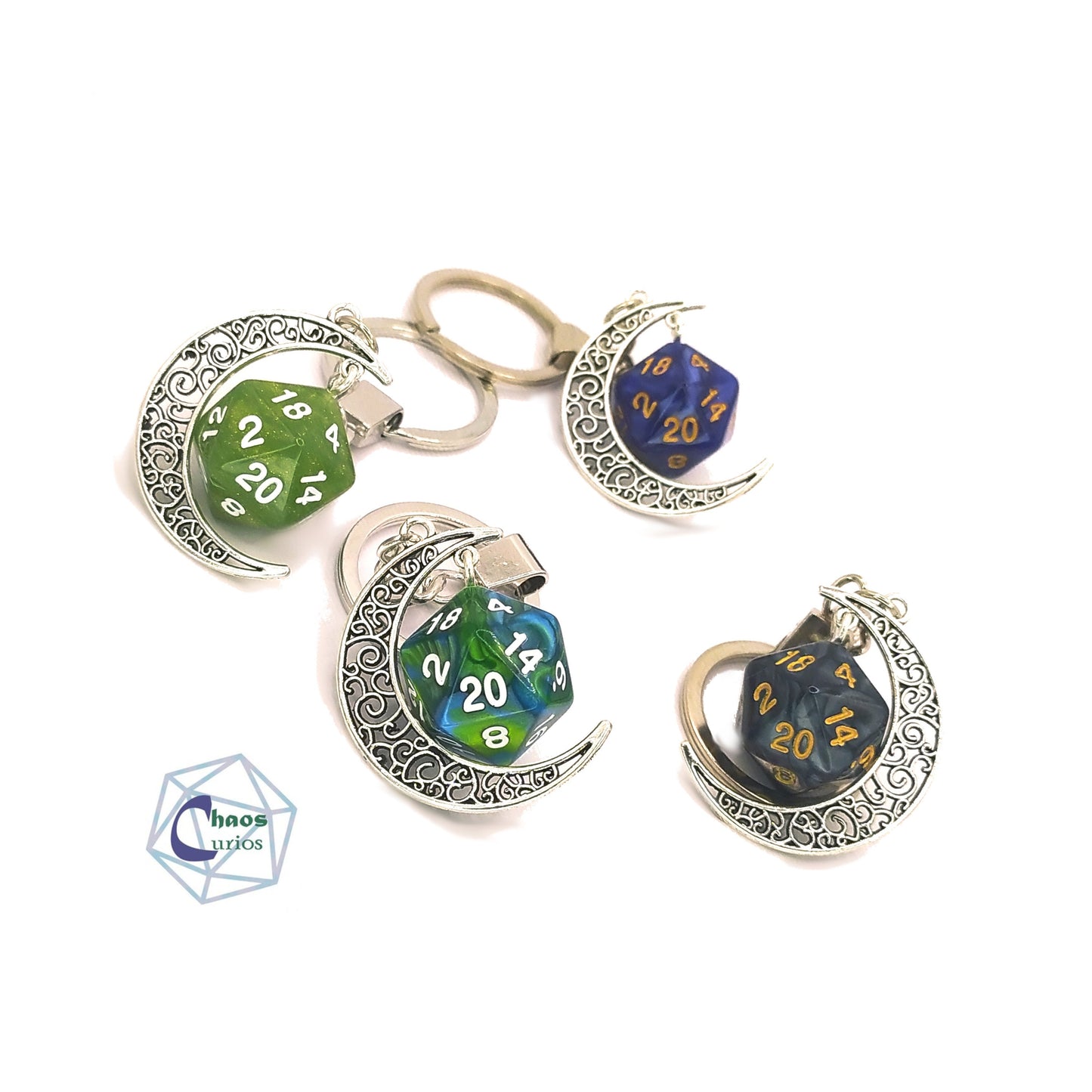 D20 Dice & Moon Keychain, Bag Charm, Silver Finishing, Druid, Celestial, Dnd, Circle of the Moon, Moonbeam