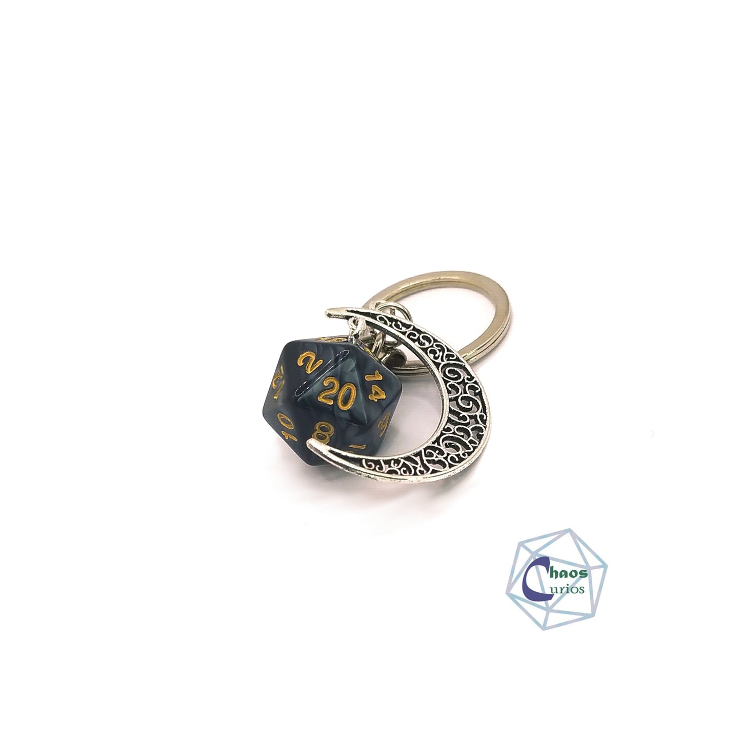 D20 Dice & Moon Keychain, Bag Charm, Silver Finishing, Druid, Celestial, Dnd, Circle of the Moon, Moonbeam